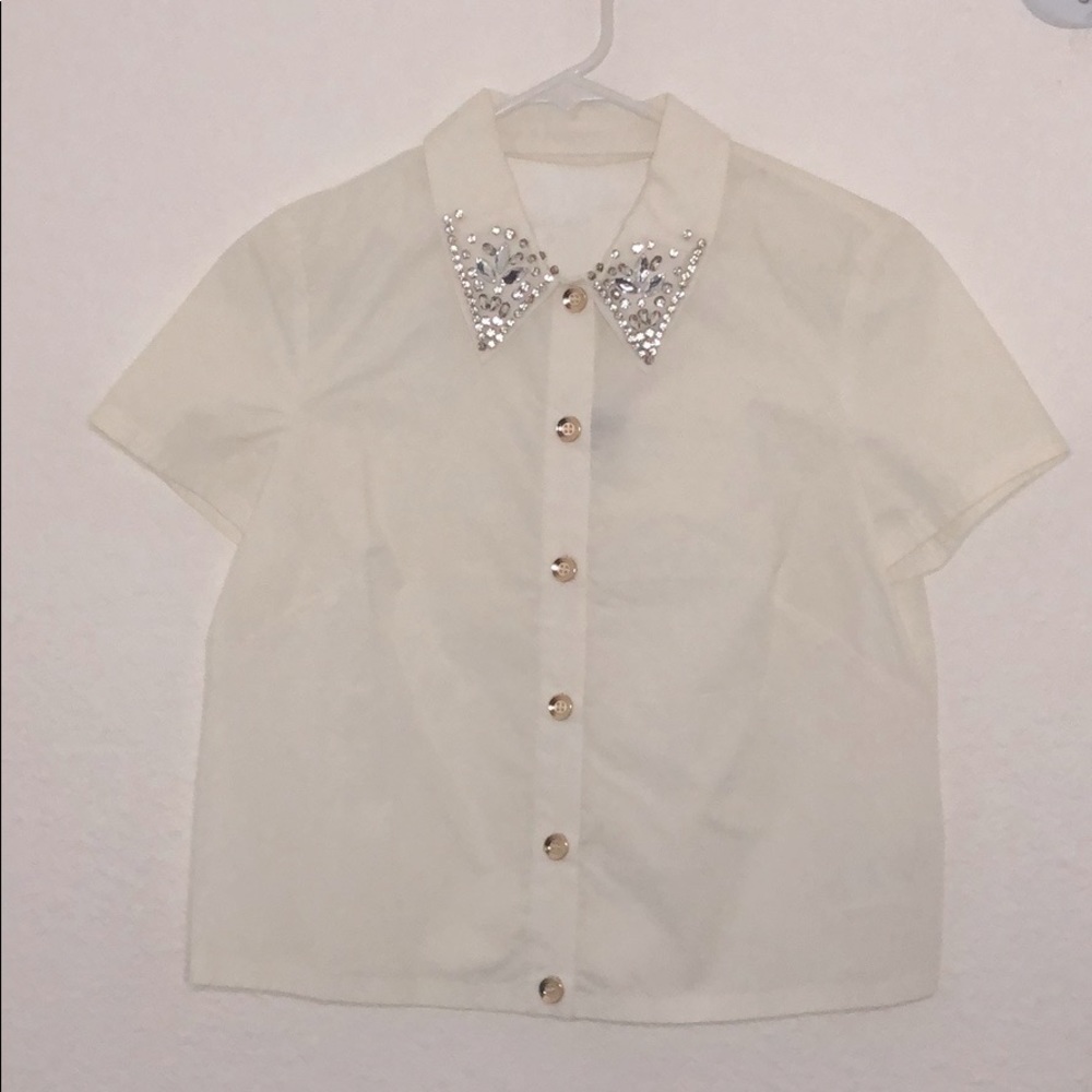 BEBE Tshirt button up with rhinestone collar